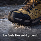 Close-up of the microspike spikes gripping sheet ice on a stone path