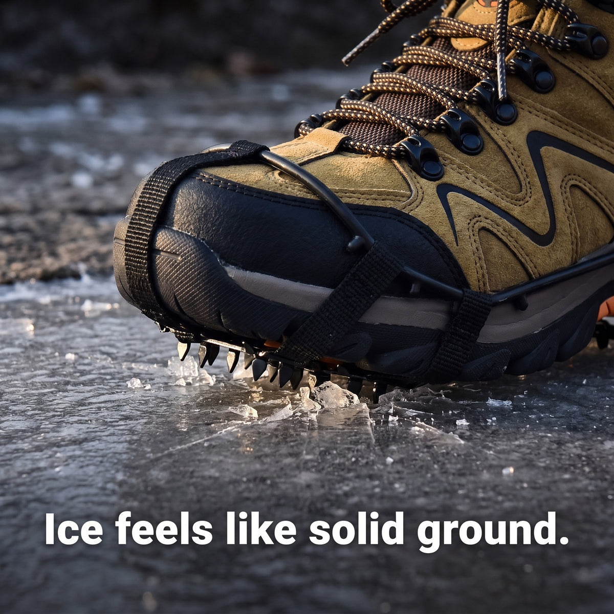Close-up of the microspike spikes gripping sheet ice on a stone path