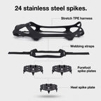 Exploded view of the microspikes: stretch harness, webbing straps and spike plates