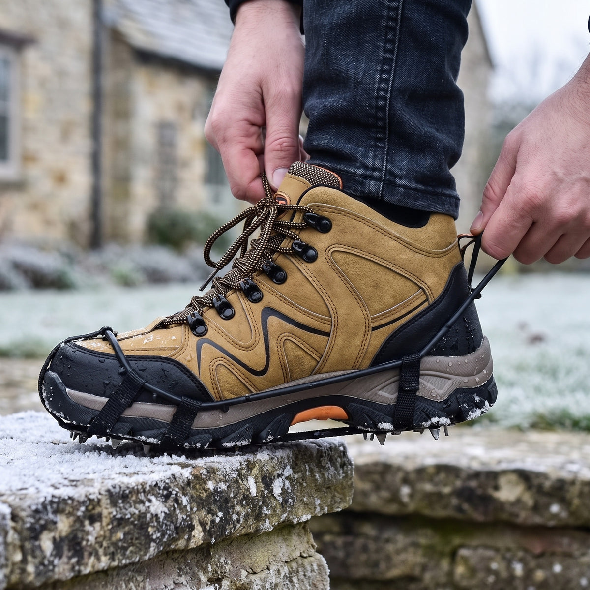 Pulling the heel loop of the microspikes over a walking boot