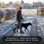 Dog walk on a frosty lane in microspikes, with 30-day returns and 16,000+ orders
