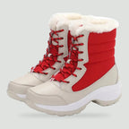 Women's platform boots in Red with plush cuff, pair