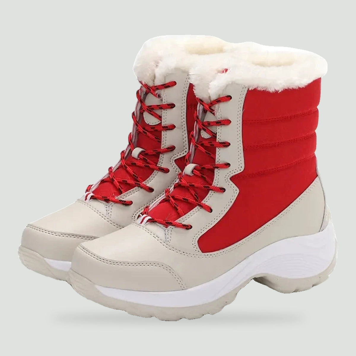 Women's platform boots in Red with plush cuff, pair