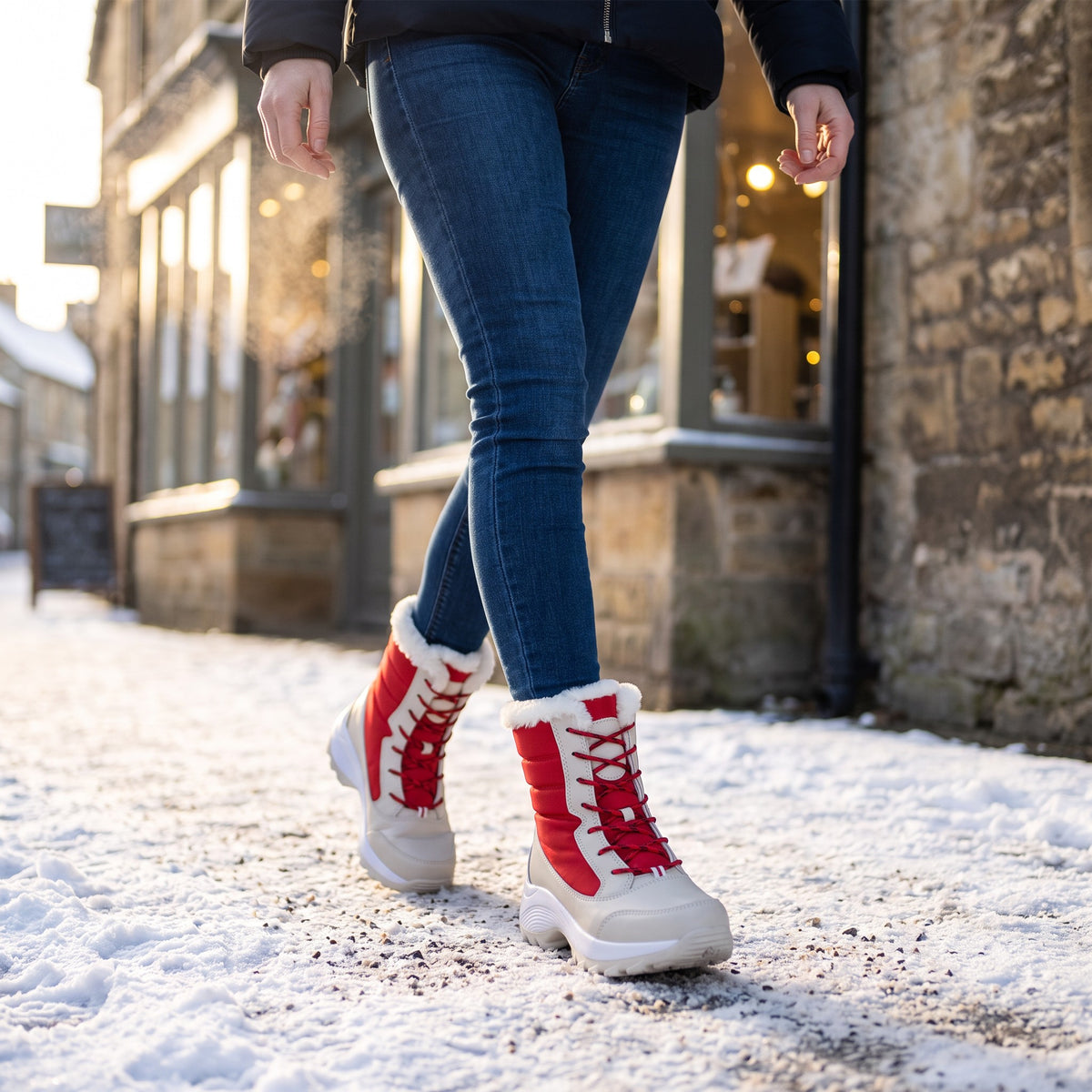 Woman walking down a snowy high street in the Red women's winter boots