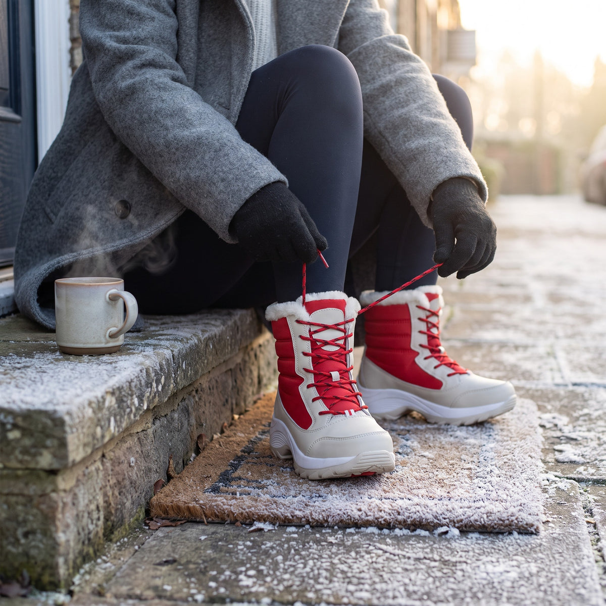 Woman lacing up the Red platform snow boots on a frosty front step