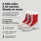 Women's platform boots benefits: plush lining with soft cuff, water-repellent upper and treaded rubber sole