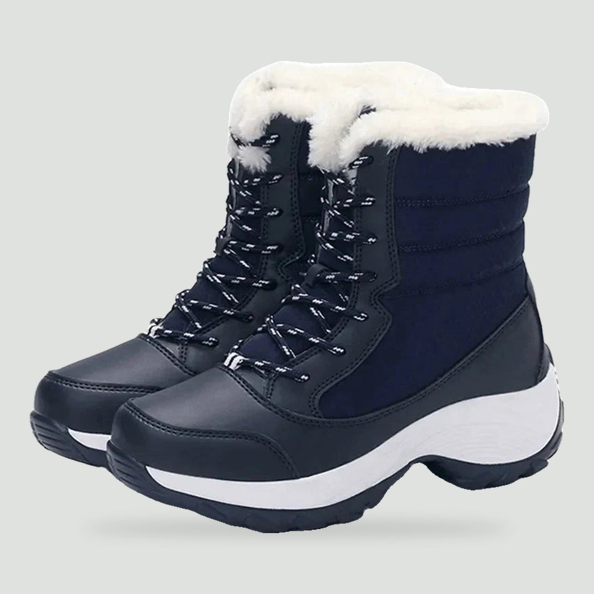 Women's platform boots in Navy with plush cuff, pair