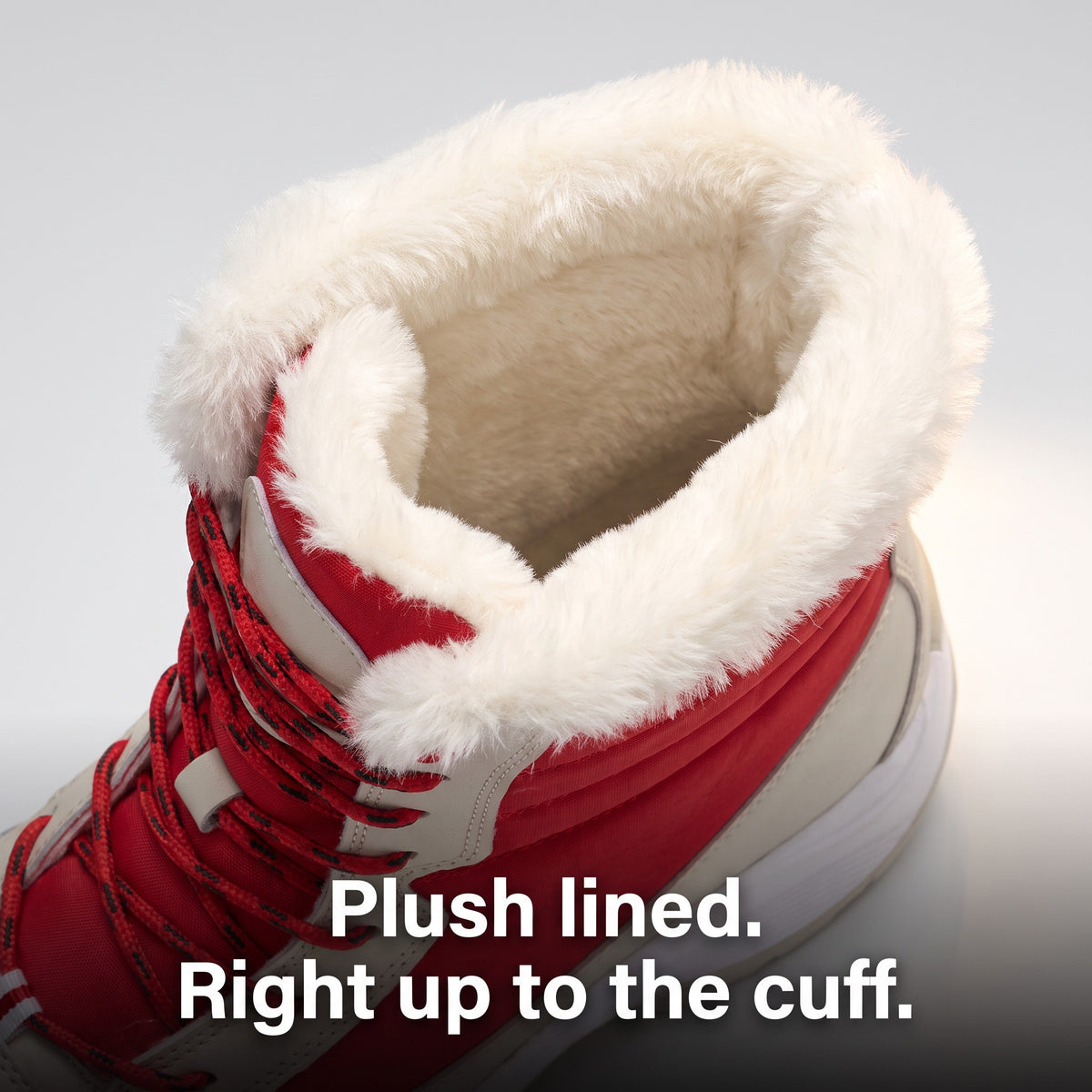 Plush lining running right up to the fold-over cuff of the platform snow boots