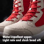 Water beading on the water-repellent upper of the women's winter boots