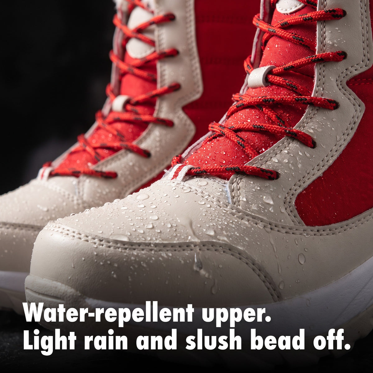 Water beading on the water-repellent upper of the women's winter boots