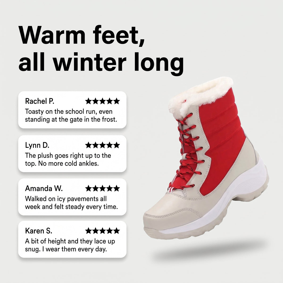 Customer review cards for the women's platform snow boots