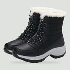 Women's platform boots in Black with plush cuff, pair