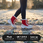 Platform snow boots on a frosty path: plush lined to the cuff, UK 1.5 to 9.5, lace up snug ankle fit