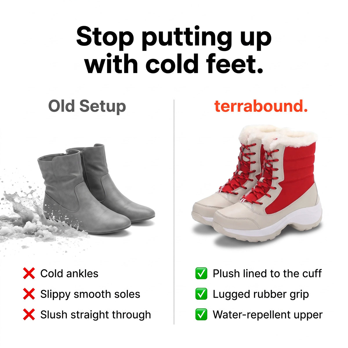 Comparison: thin fashion ankle boots versus terrabound plush lined platform snow boots