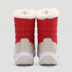 Back view of the Red platform snow boots showing the heel and quilted shaft