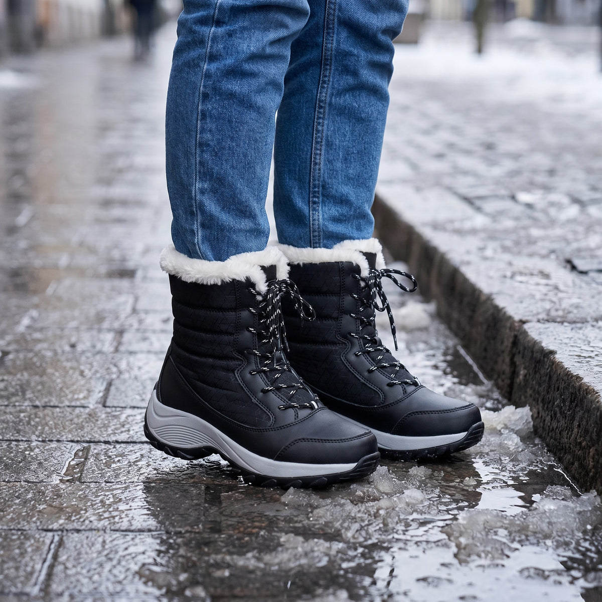 Black women's winter boots worn with jeans on a slushy pavement
