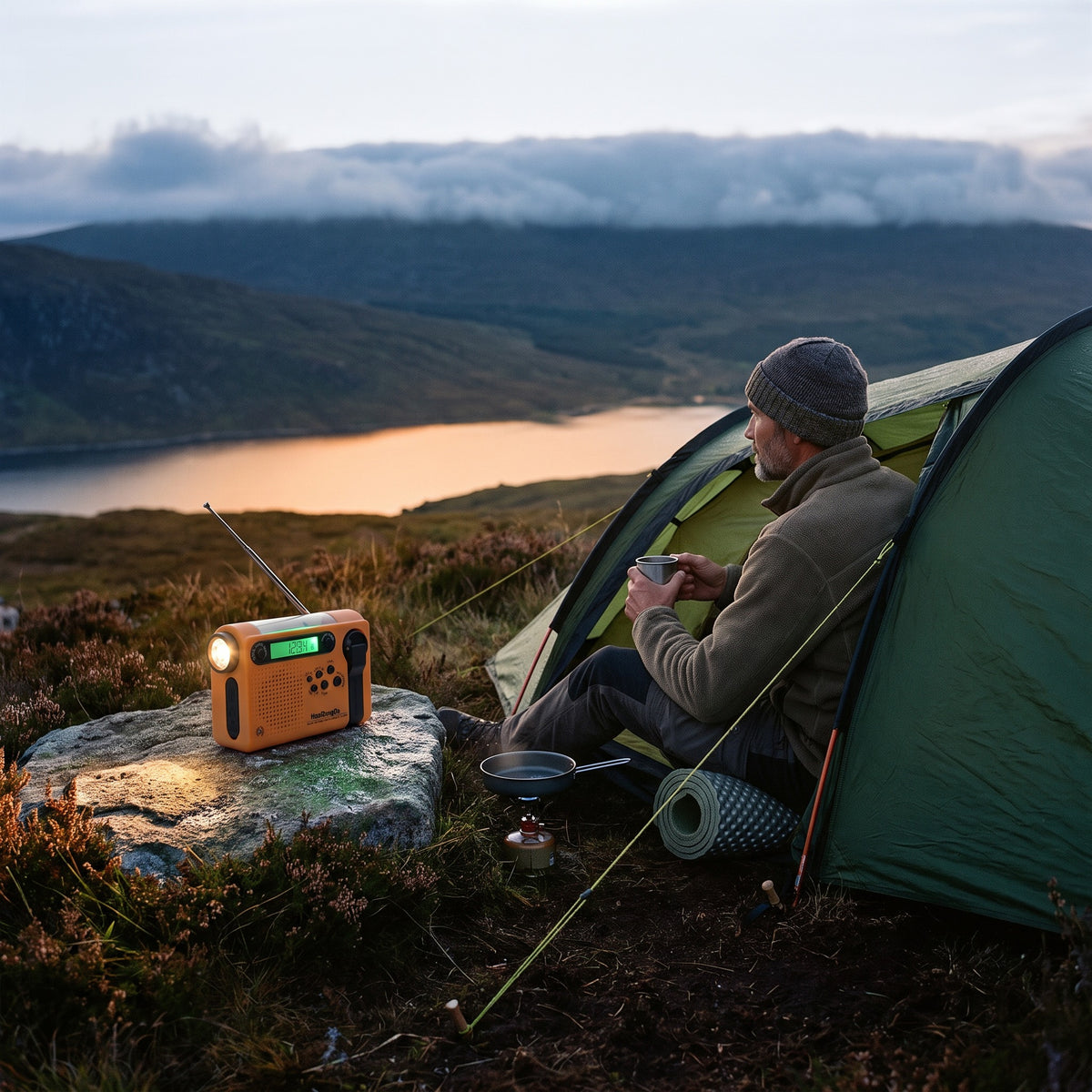 Wild camper listening to the shortwave radio by his tent above a Highland loch at dusk