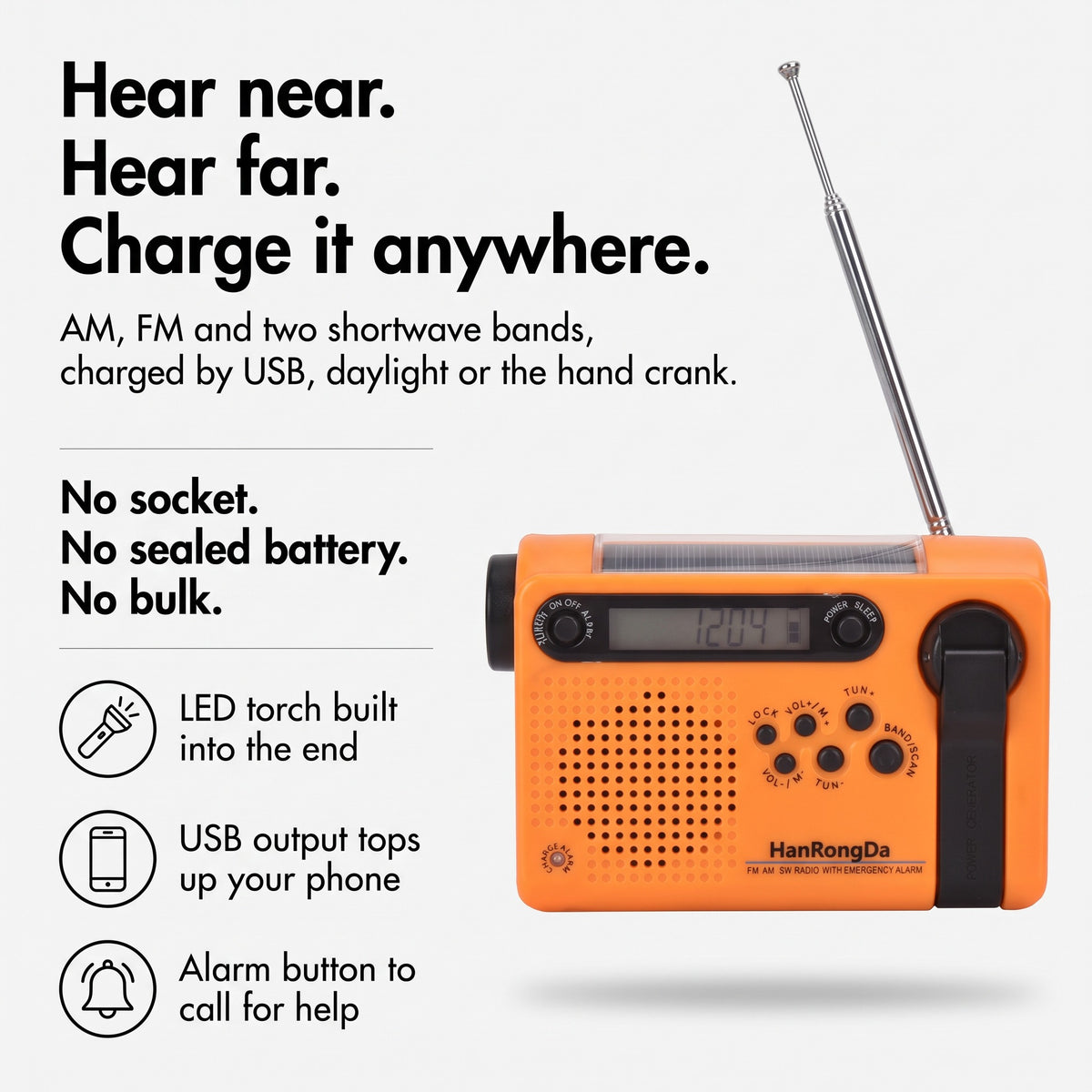 Shortwave radio infographic: hear near, hear far, charge it anywhere