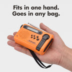 Small shortwave radio held in one hand with its wrist strap