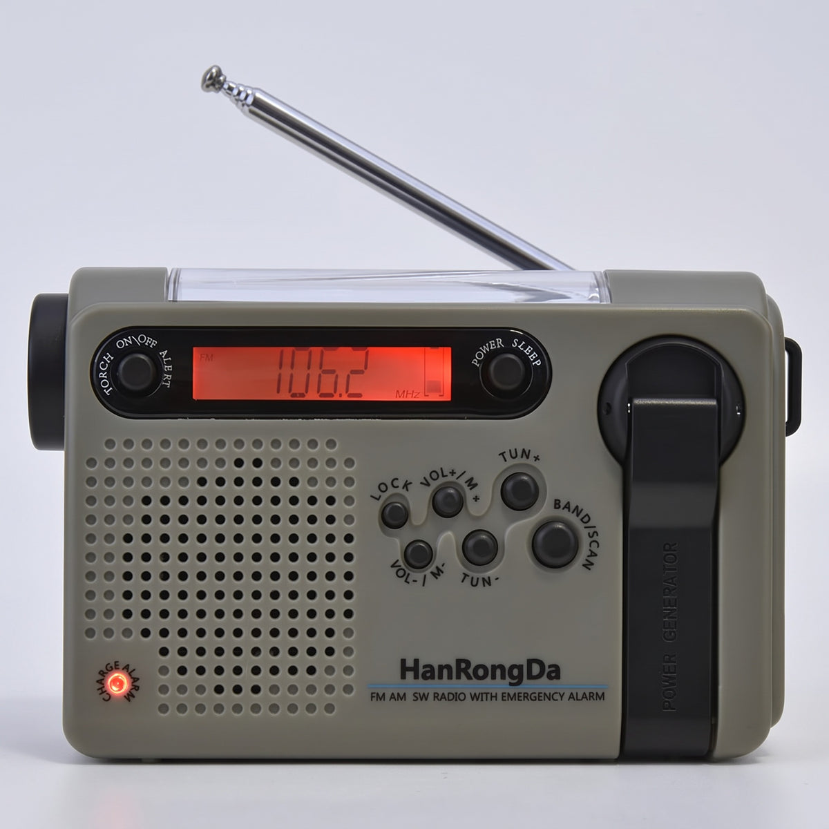 Shortwave radio in Grey with the telescopic antenna raised
