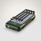 Solar power bank in Green with four built-in cables folded over the solar panel