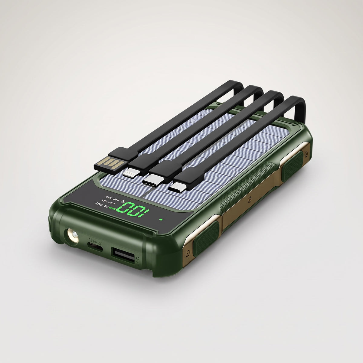 Solar power bank in Green with four built-in cables folded over the solar panel