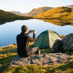 Wild camper photographing a Lake District tarn with his phone charging from the solar power bank