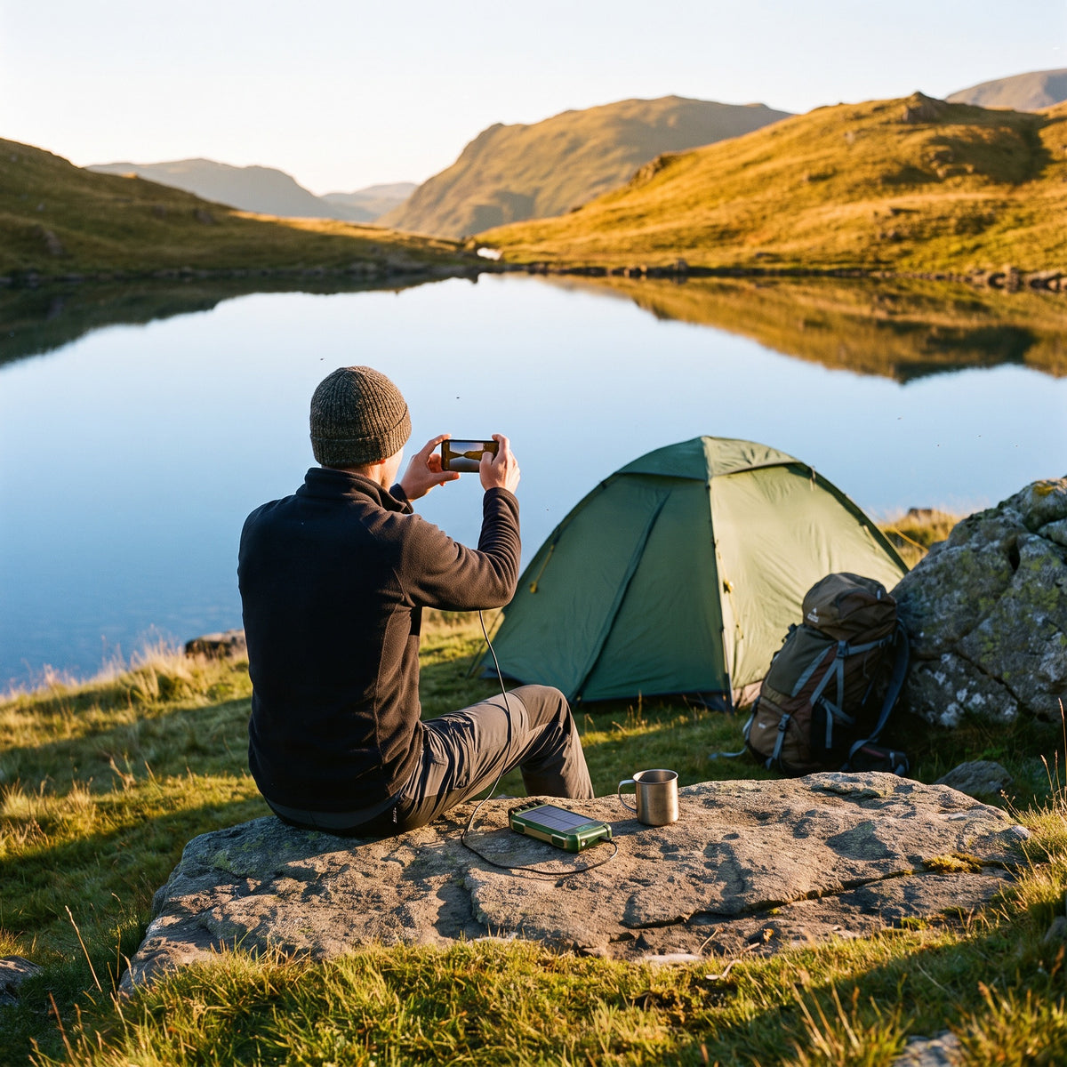 Wild camper photographing a Lake District tarn with his phone charging from the solar power bank