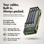 Solar power bank infographic: your cables, built in, always packed