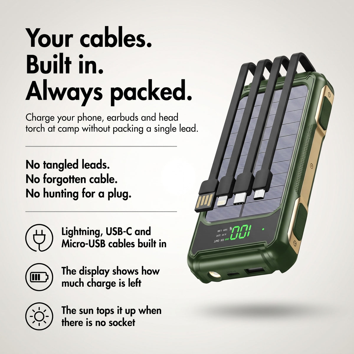 Solar power bank infographic: your cables, built in, always packed