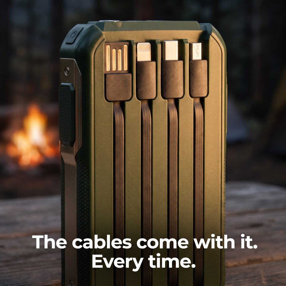 Back of the solar power bank with USB-A, Lightning, USB-C and Micro-USB cables in their grooves