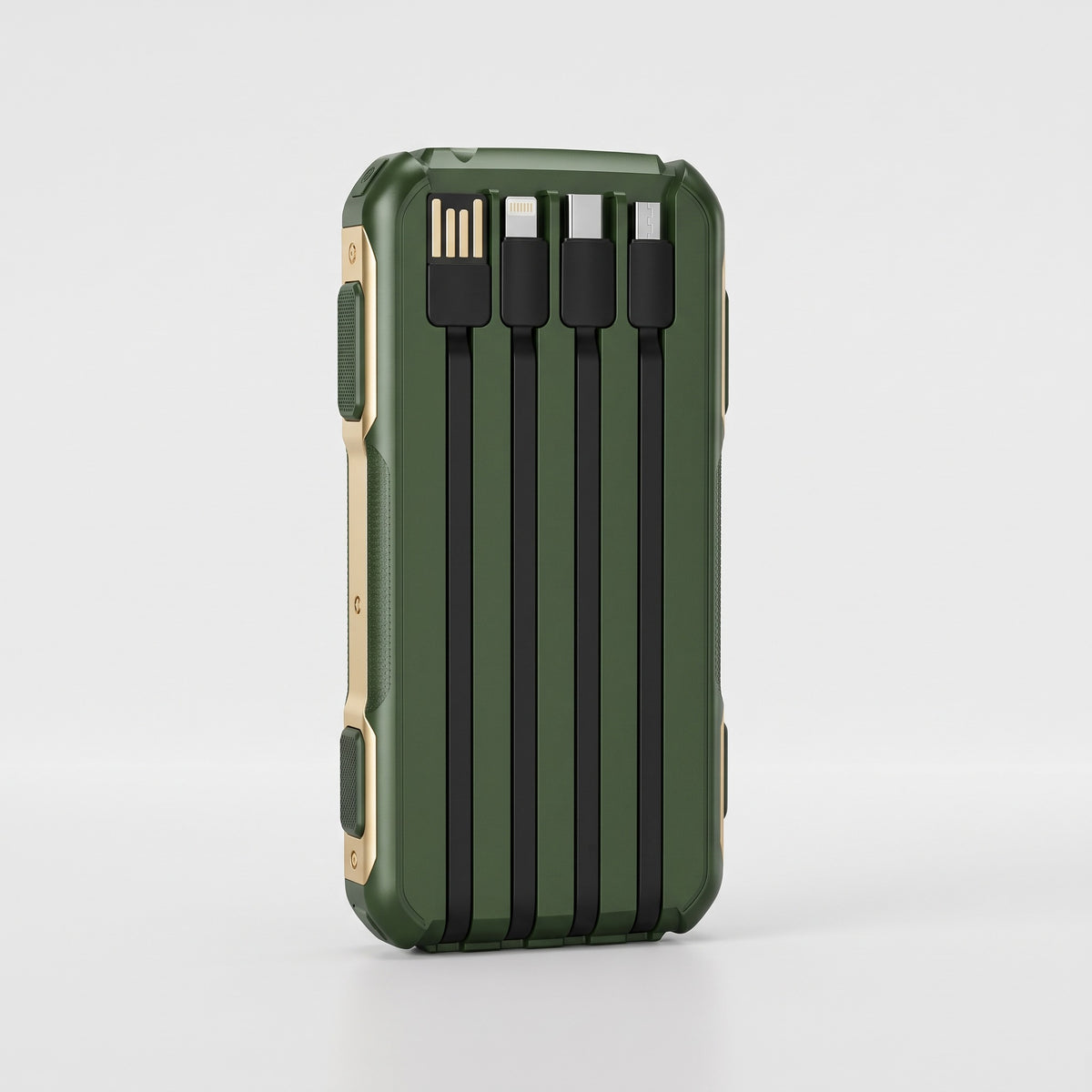 Back view of the solar power bank with the four built-in cables stowed in grooves