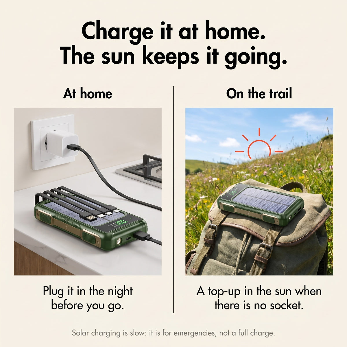 Charge the solar power bank at home and top it up in the sun on the trail
