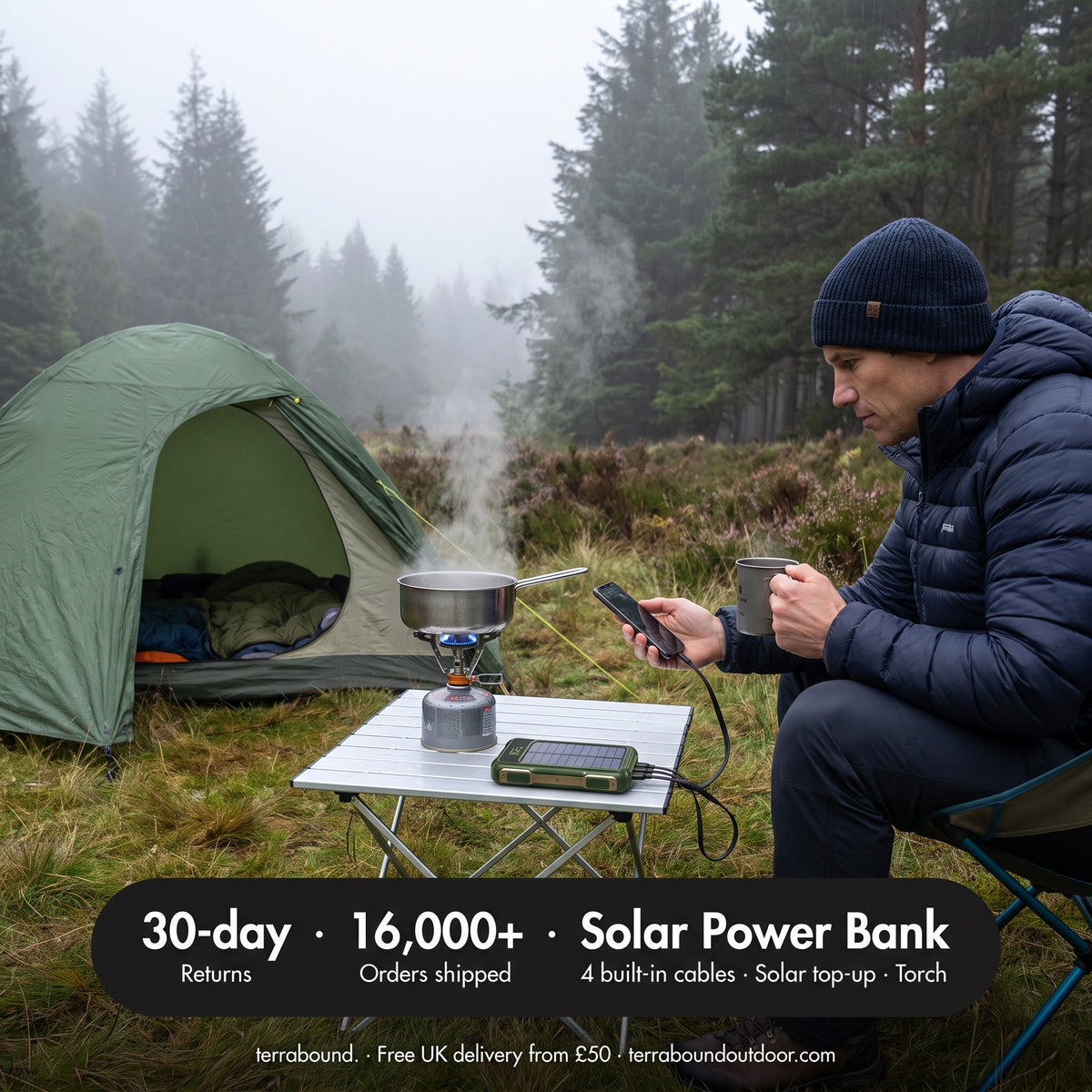 Camper charging his phone from the solar power bank on a misty morning, with 30-day returns and 16,000+ orders