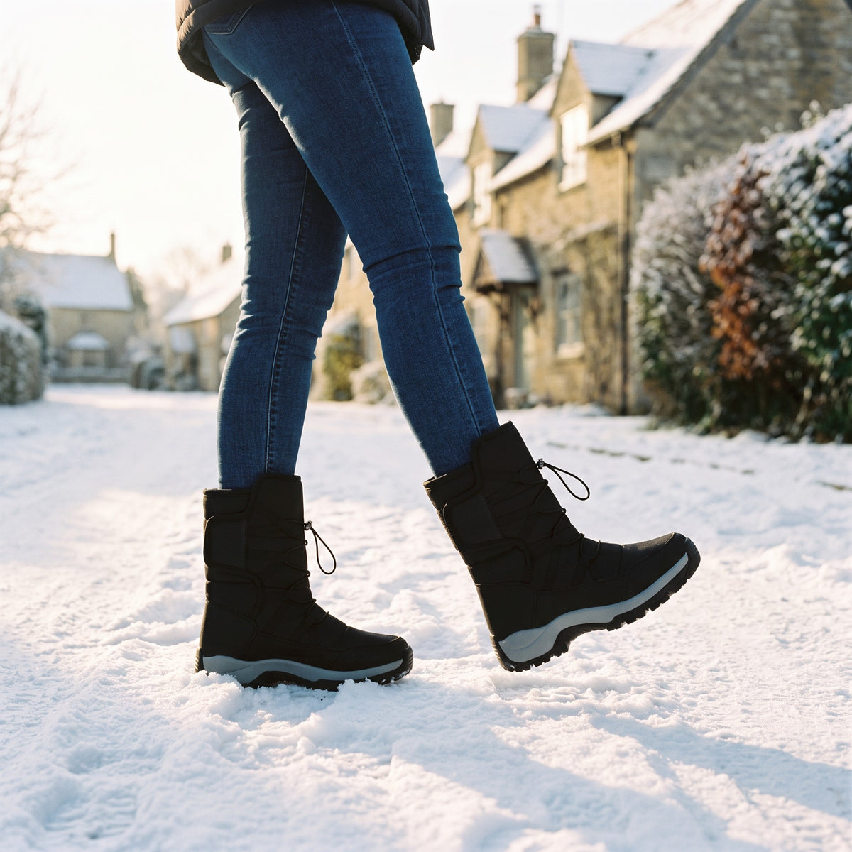Woman walking down a snowy village lane in the Black fur lined winter boots