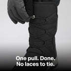 Gloved hand pulling the toggle lace: one pull, no laces to tie