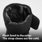 Plush faux fur lining up to the collar with the hook and loop strap open