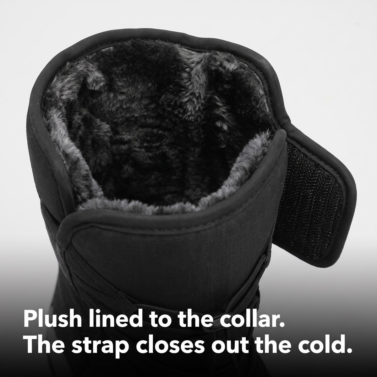 Plush faux fur lining up to the collar with the hook and loop strap open