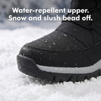 Water beading on the water-repellent upper of the snow boots