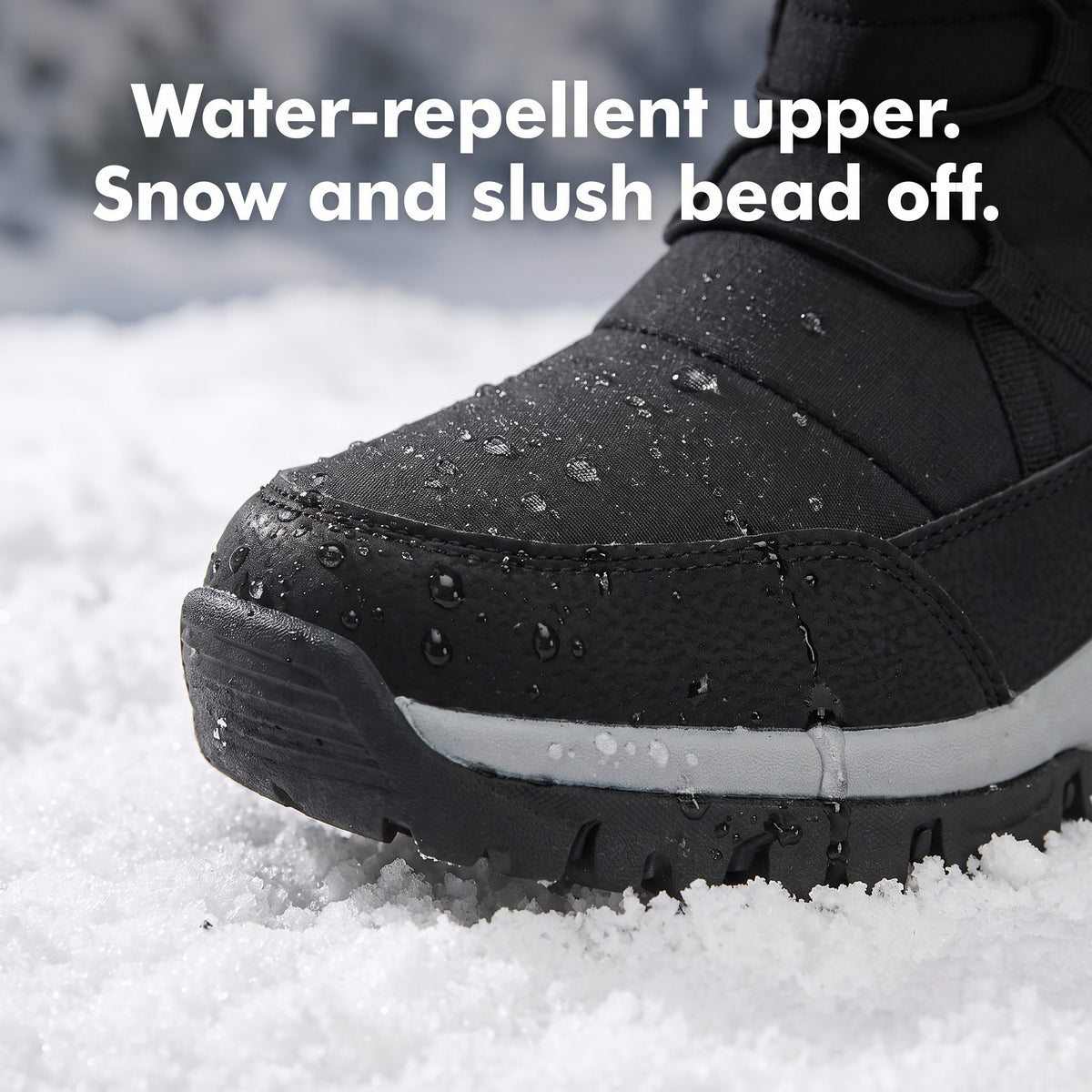Water beading on the water-repellent upper of the snow boots