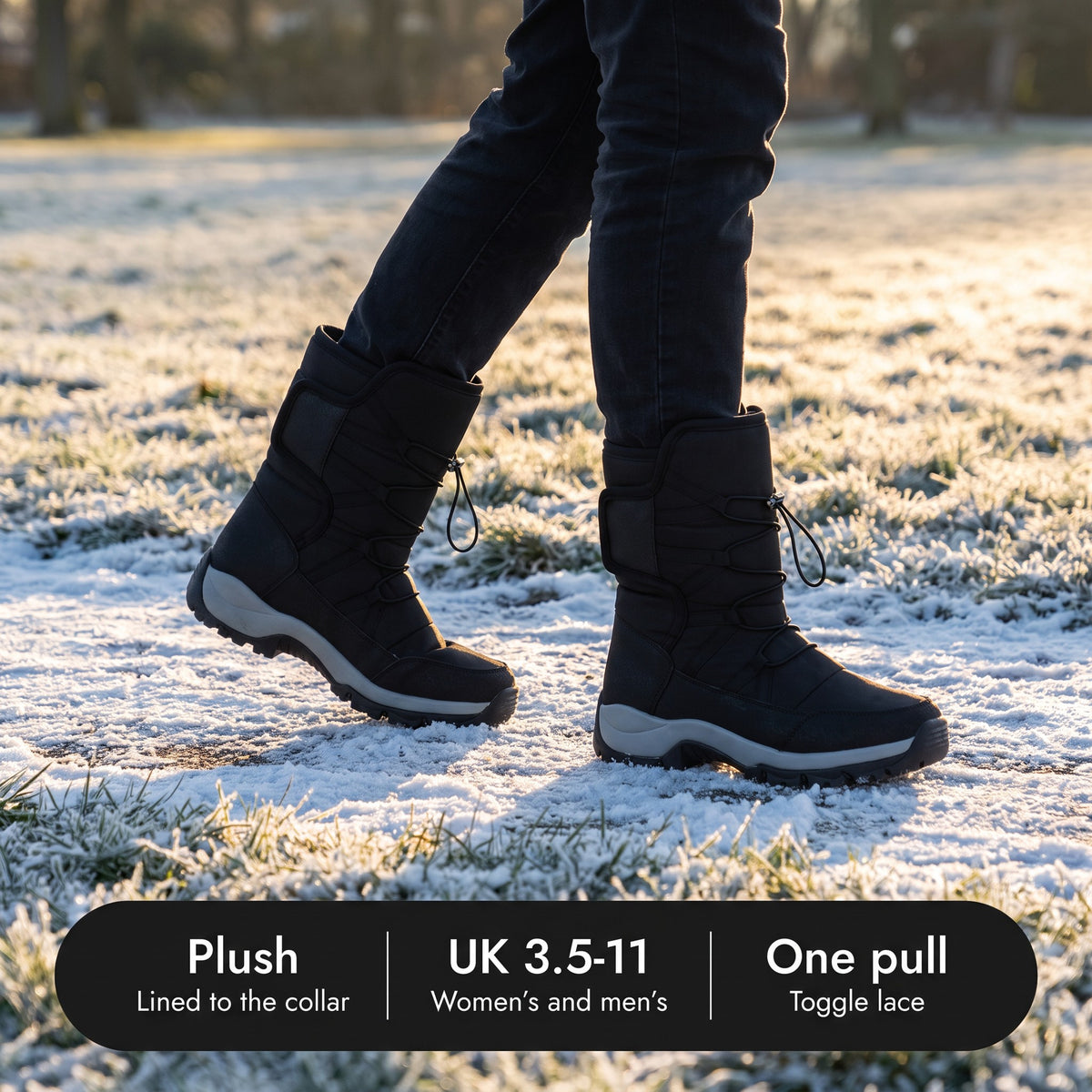 Snow boots on a frosty path: plush lined to the collar, UK 3.5 to 11 women's and men's, one-pull toggle lace