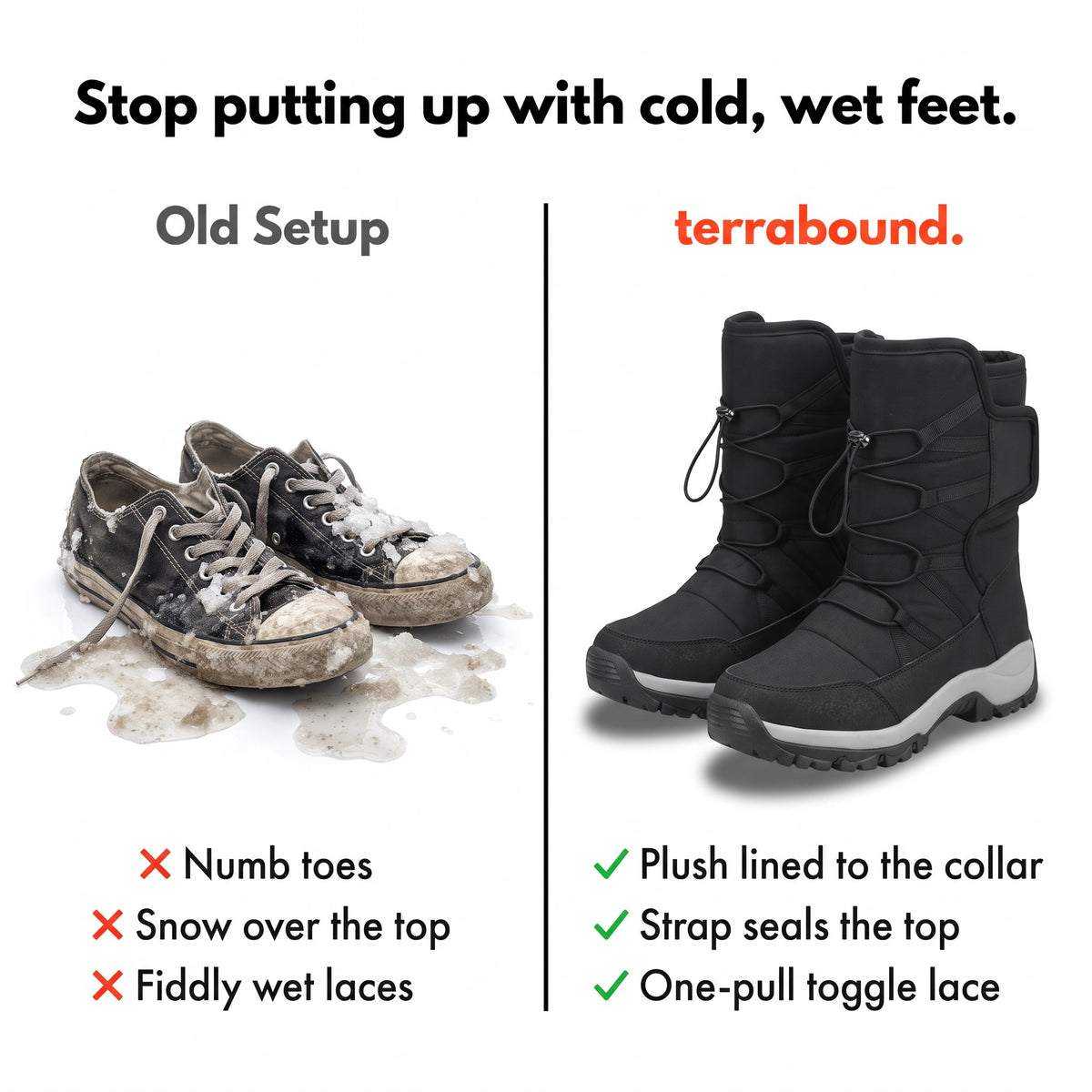 Comparison: soaked canvas trainers versus terrabound fur lined toggle lace snow boots