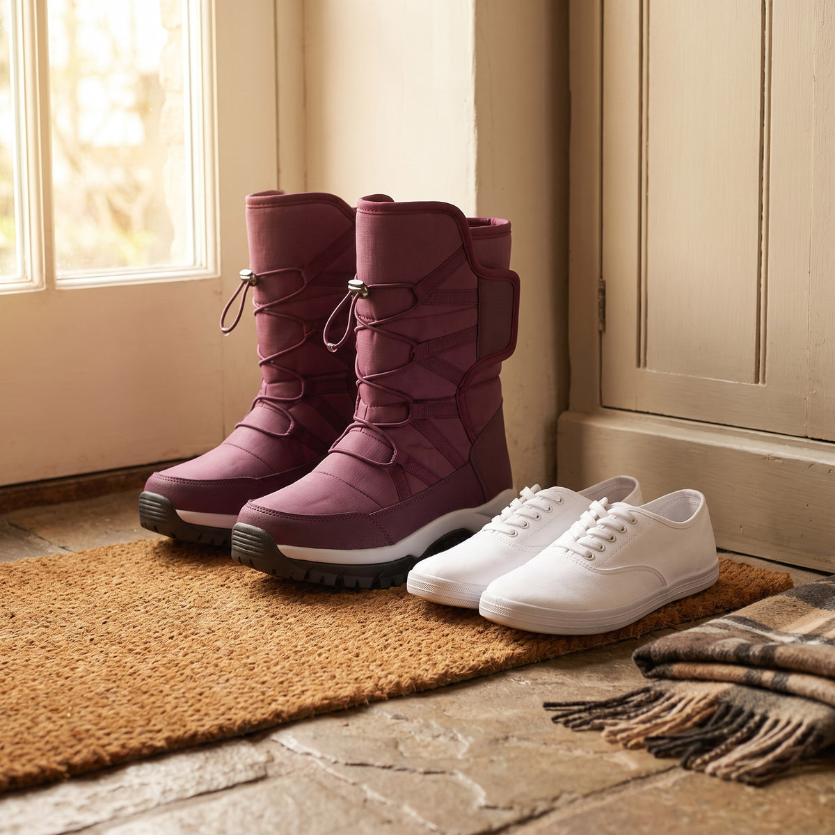 Plum snow boots beside a pair of canvas trainers to show height and sole depth