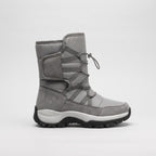 Side profile of the Grey snow boot showing the mid calf shaft and lugged sole