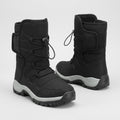Black fur lined snow boots with toggle lace and collar strap