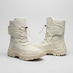 Off-White fur lined snow boots with toggle lace and collar strap