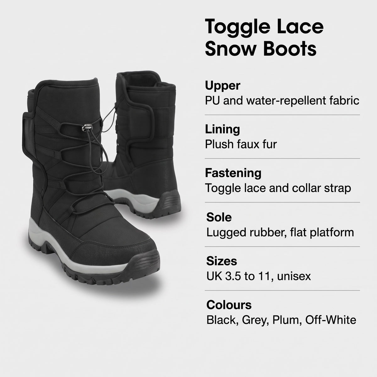 Specification card for the toggle lace snow boots