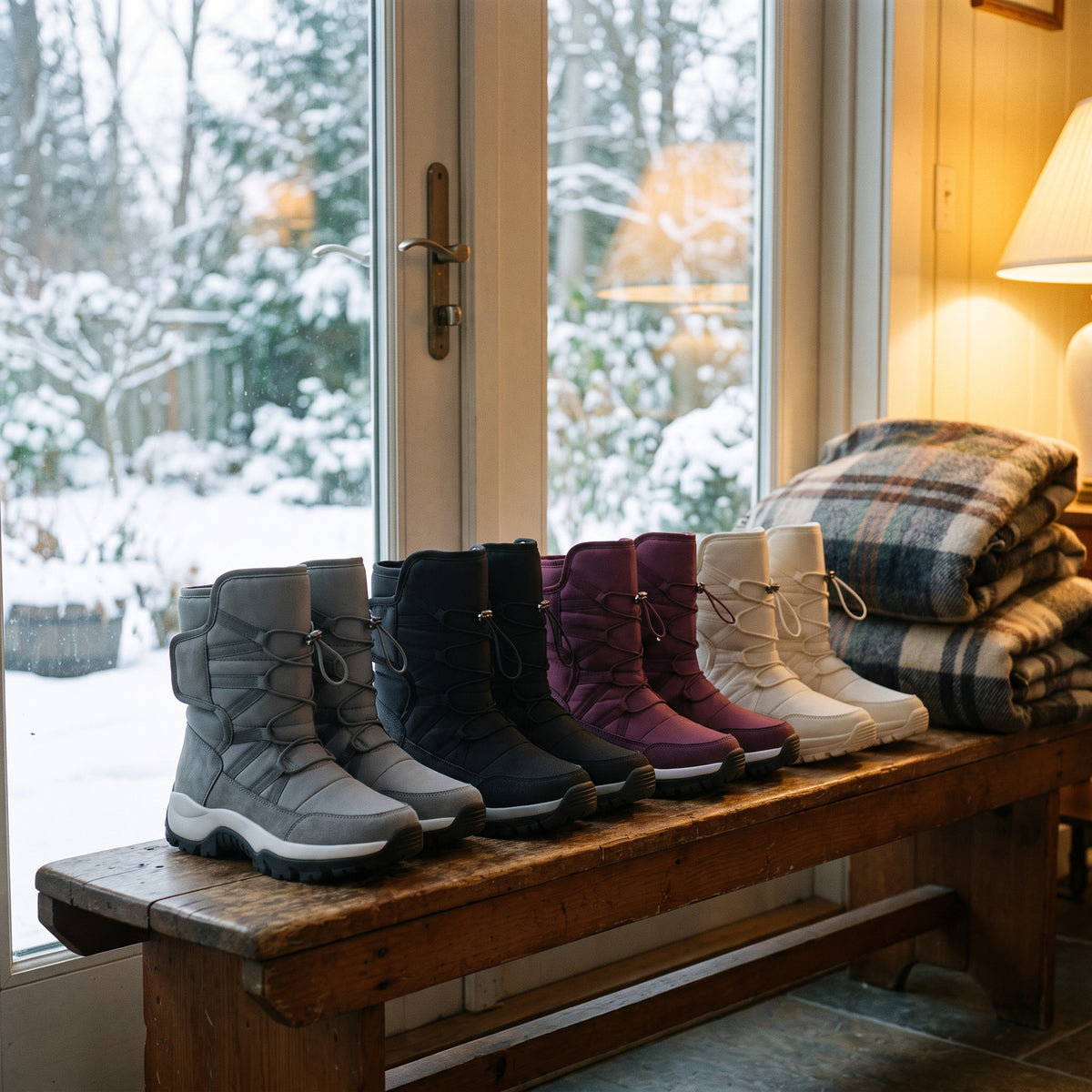 Grey, Black, Plum and Off-White snow boots lined up on a porch bench