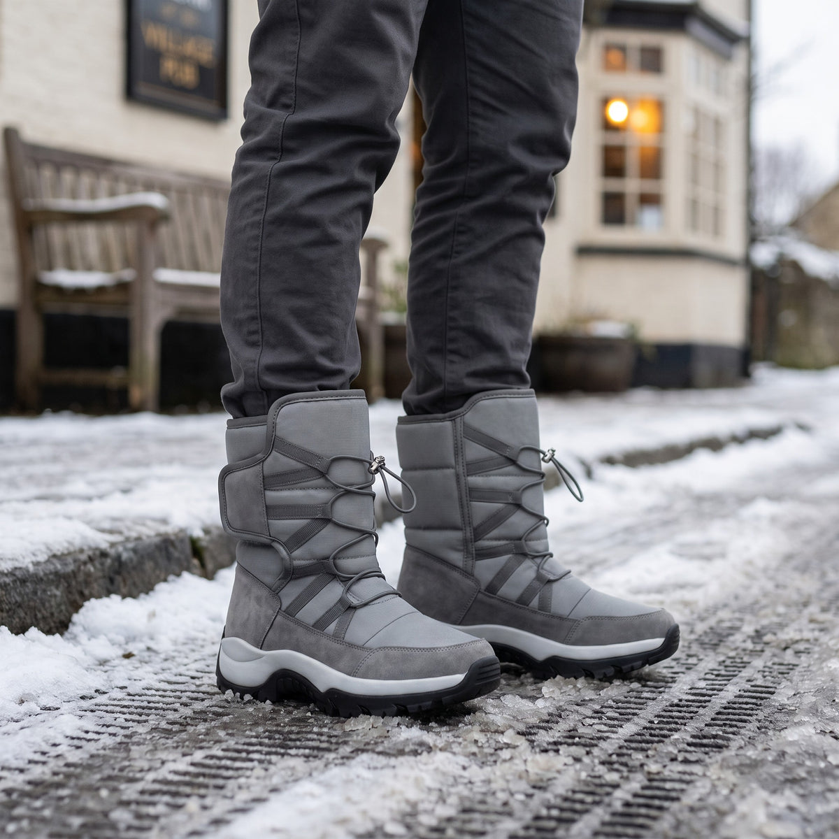 Grey winter boots for men worn with chinos on a gritted snowy pavement