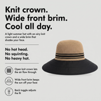 Women's sun hat with breathable knit crown, wide front brim and back toggle